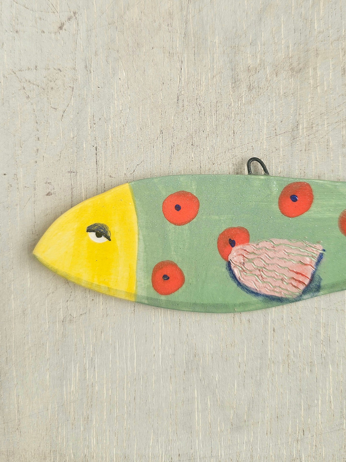 Sheila McTin Sardine ceramic hand painted  wall hanging decoration red spot
