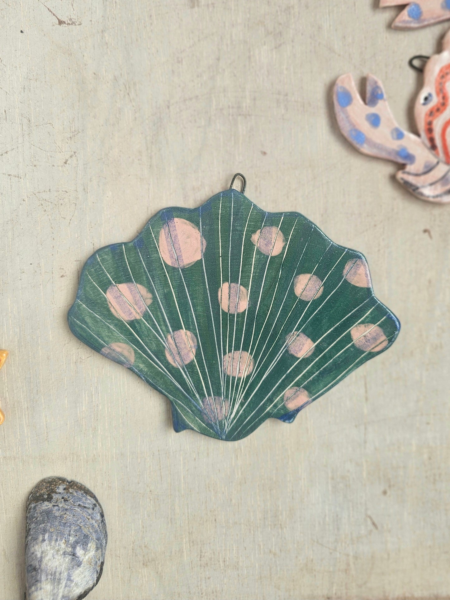 Shelley shell handcrafted ceramic wall hanging decoration green