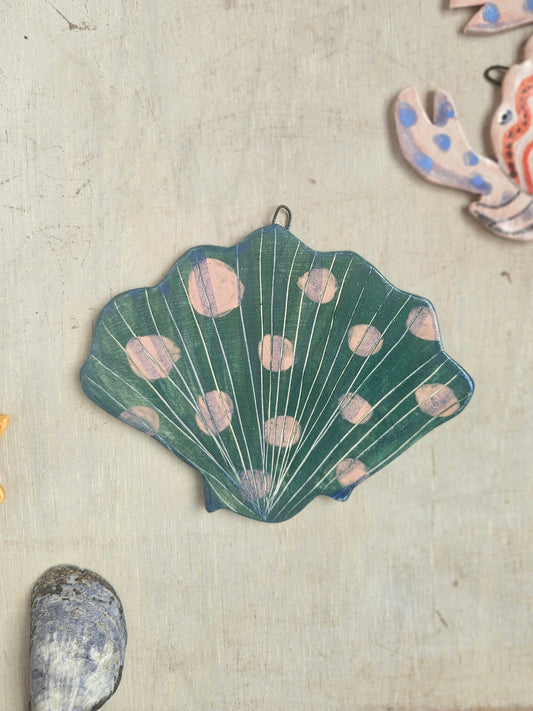 Shelley shell handcrafted ceramic wall hanging decoration green - made to order