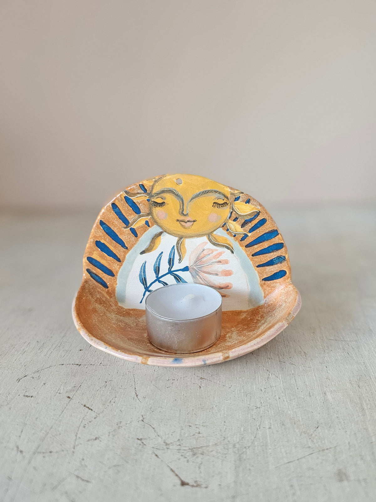 Sunny Honeybeam, Handmade Ceramic Candle Holder, Hand Painted Sun Shrine