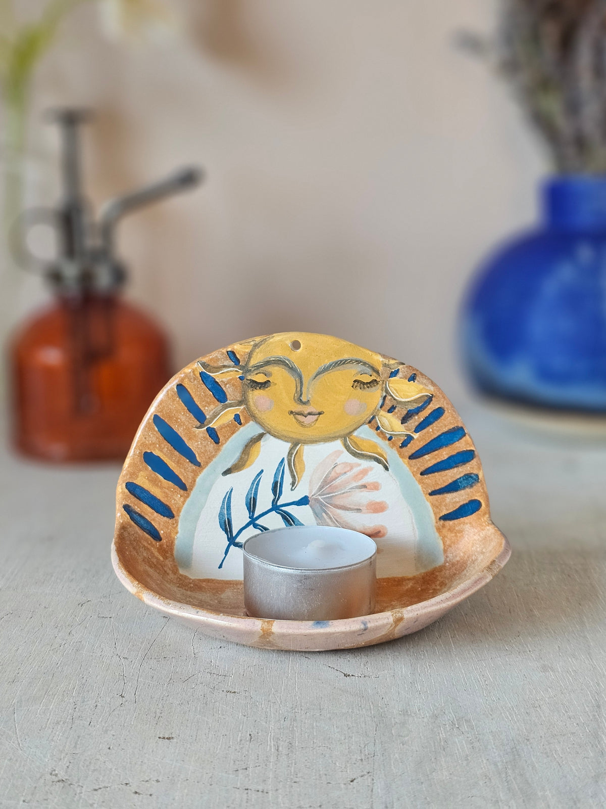 Sunny Honeybeam, Handmade Ceramic Candle Holder, Hand Painted Sun Shrine