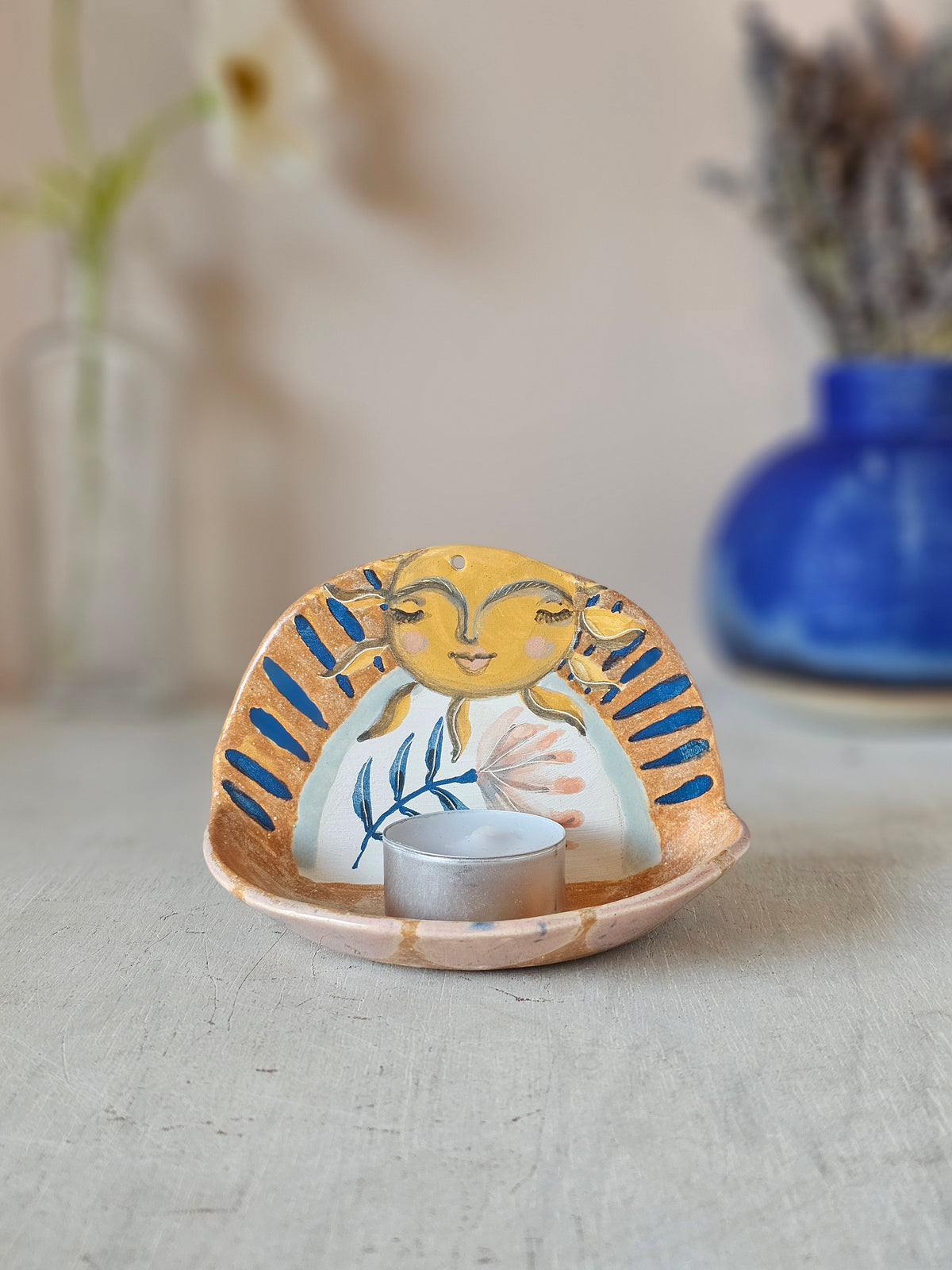 Sunny Honeybeam, Handmade Ceramic Candle Holder, Hand Painted Sun Shrine