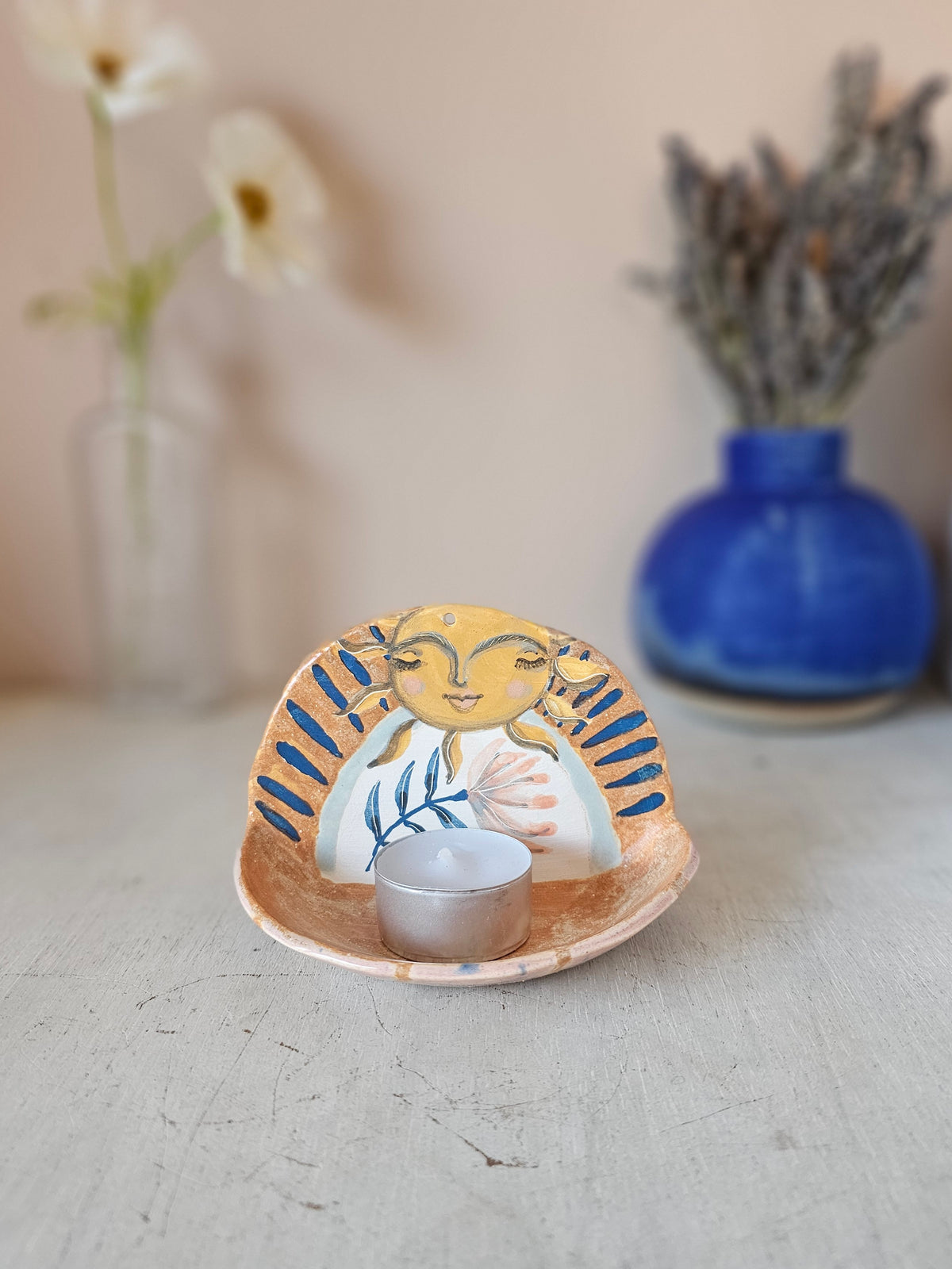 Sunny Honeybeam, Handmade Ceramic Candle Holder, Hand Painted Sun Shrine