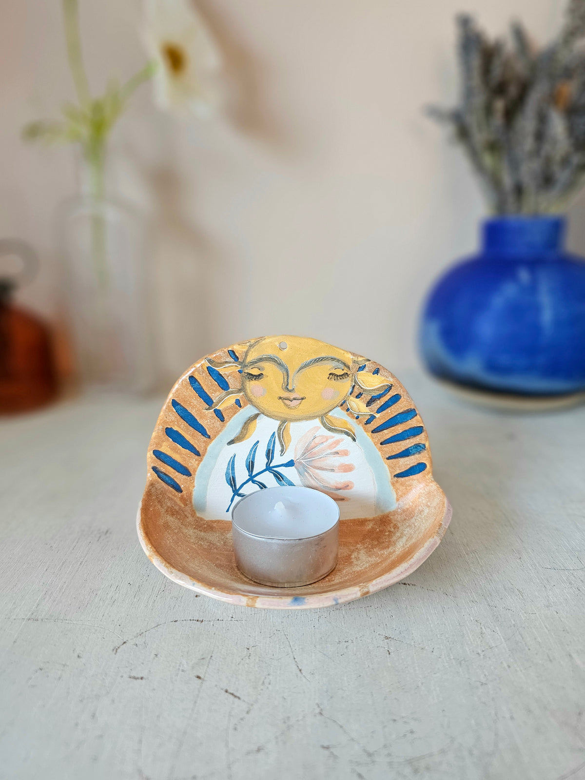Sunny Honeybeam, Handmade Ceramic Candle Holder, Hand Painted Sun Shrine