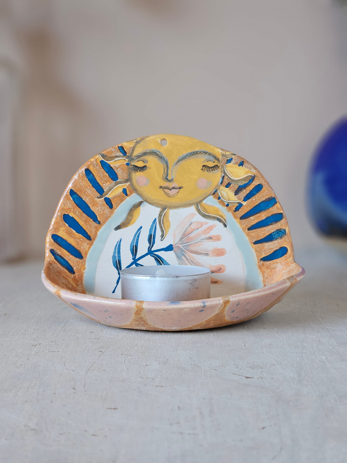 Sunny Honeybeam, Handmade Ceramic Candle Holder, Hand Painted Sun Shrine