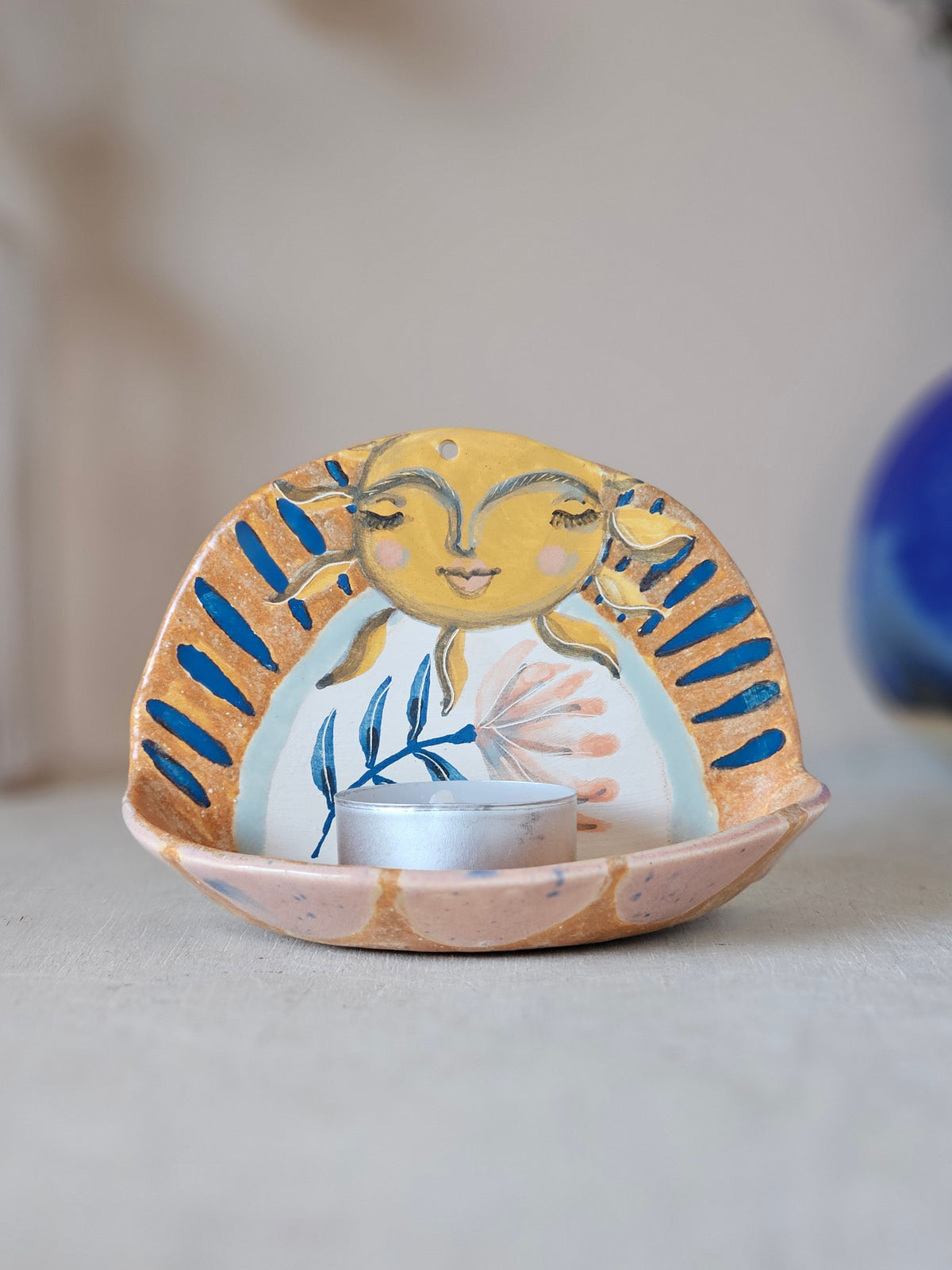 Sunny Honeybeam, Handmade Ceramic Candle Holder, Hand Painted Sun Shrine