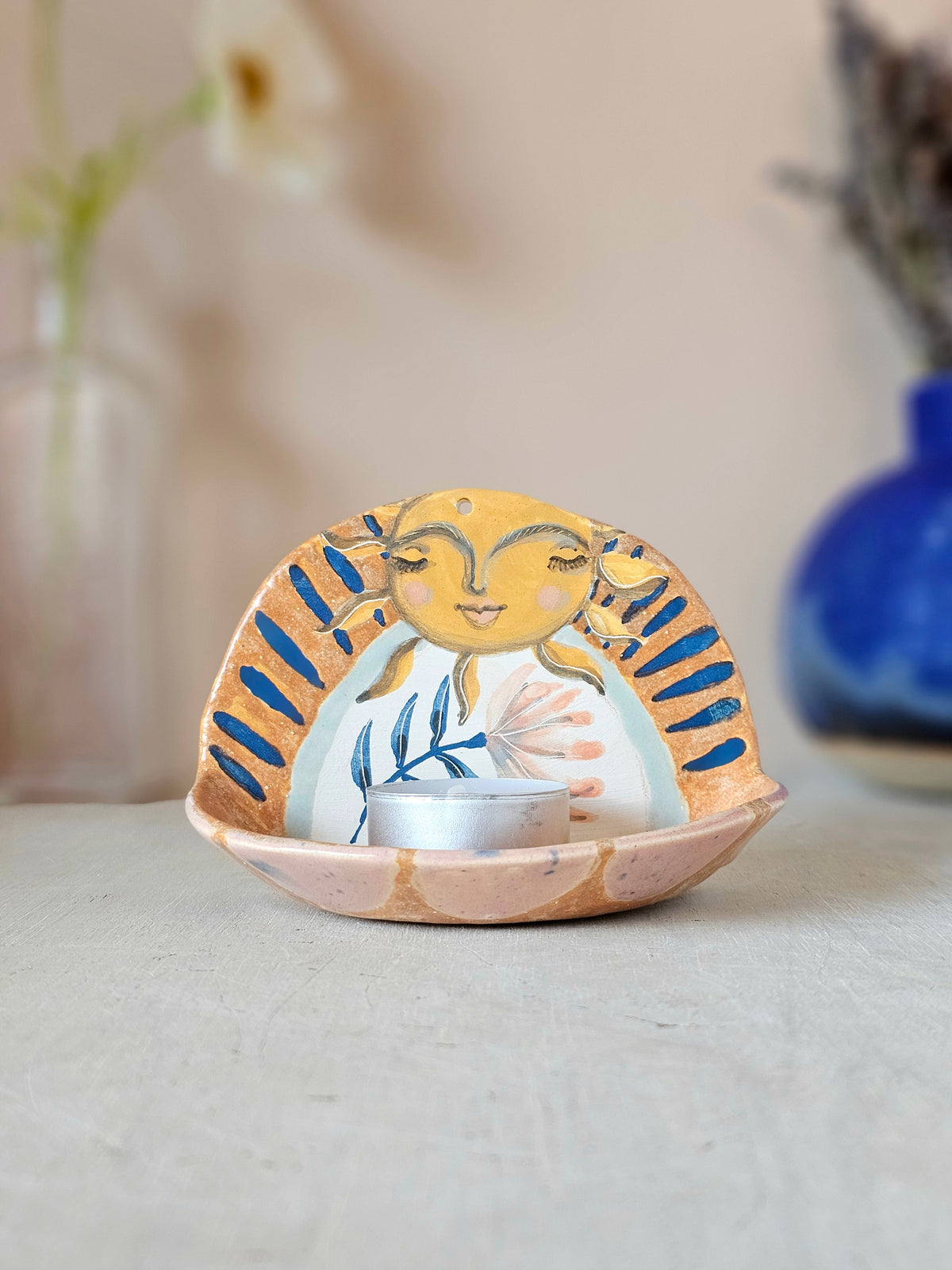Sunny Honeybeam, Handmade Ceramic Candle Holder, Hand Painted Sun Shrine