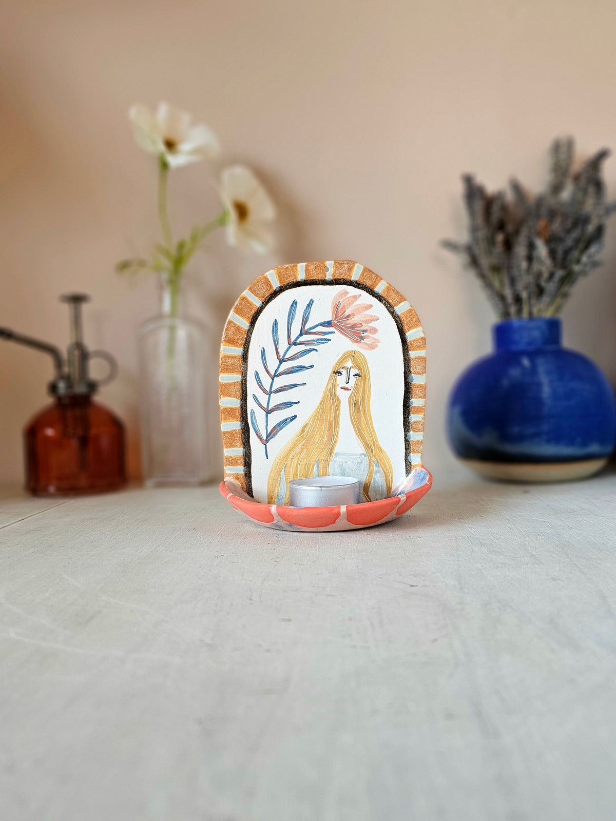 Beau | Handmade Ceramic Candle Holder, Hand Painted Little Shrine