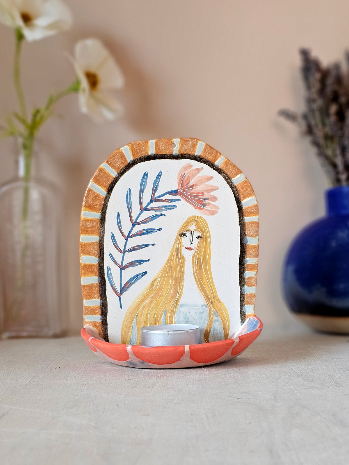 Beau | Handmade Ceramic Candle Holder, Hand Painted Little Shrine