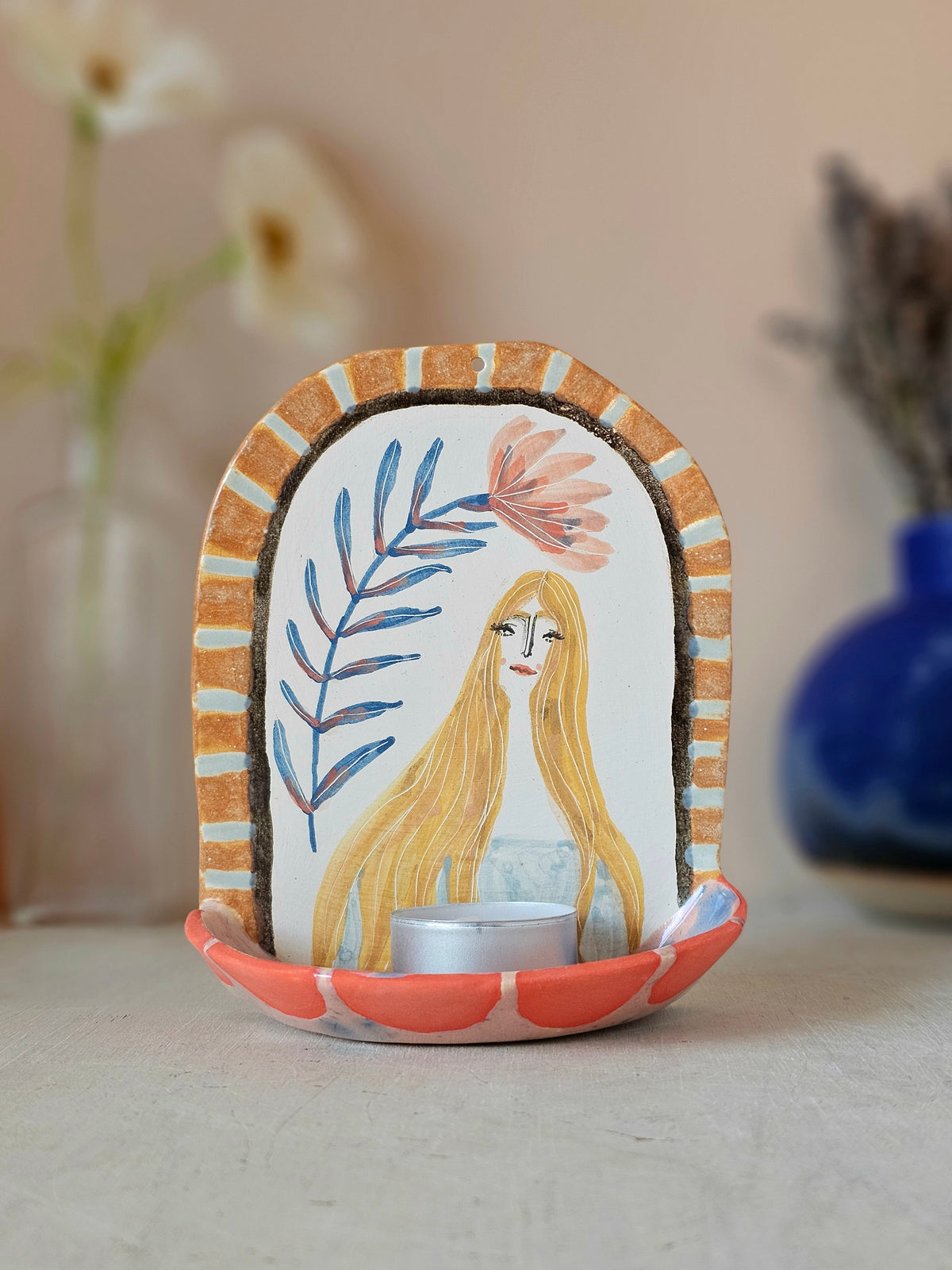 Beau | Handmade Ceramic Candle Holder, Hand Painted Little Shrine