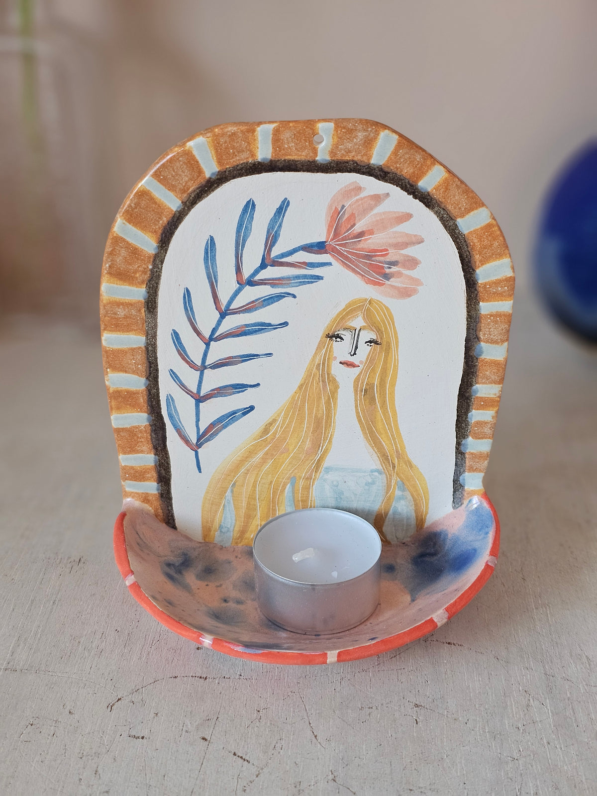 Beau | Handmade Ceramic Candle Holder, Hand Painted Little Shrine