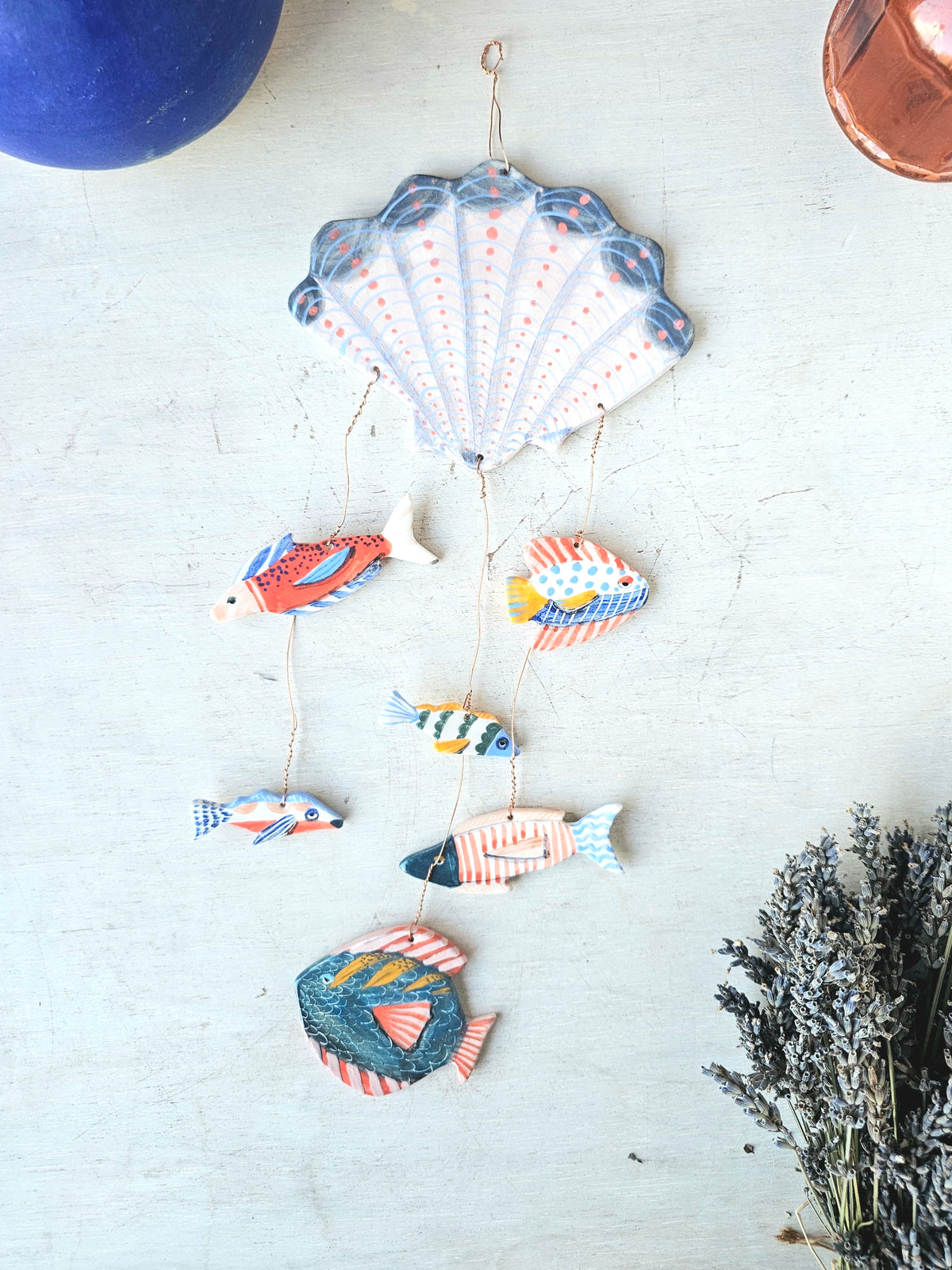 Handmade Ceramic Shell Mobile,  Hand Painted Under the Sea Wall Hanging