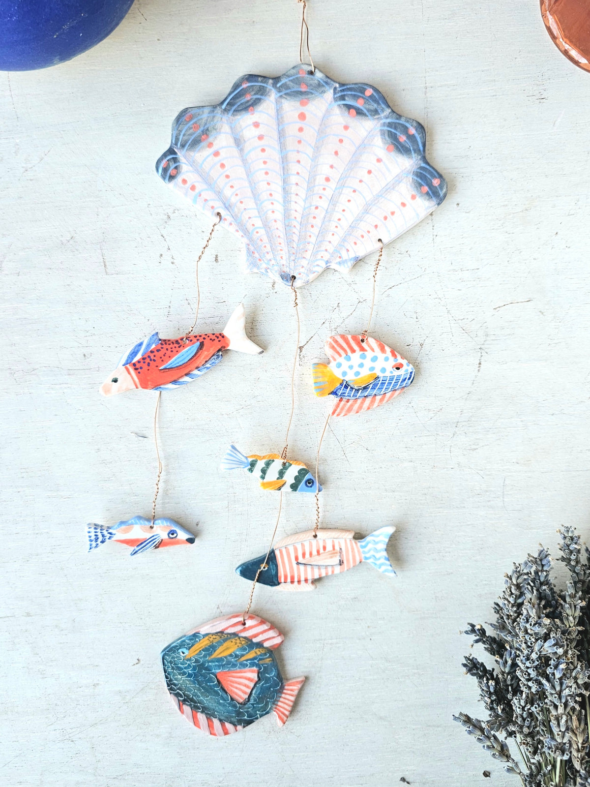Handmade Ceramic Shell Mobile,  Hand Painted Under the Sea Wall Hanging