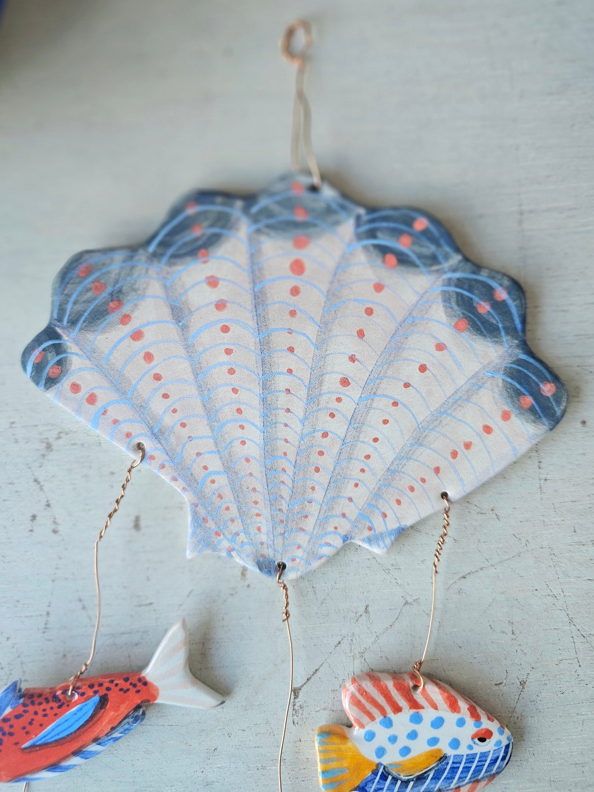 Handmade Ceramic Shell Mobile,  Hand Painted Under the Sea Wall Hanging