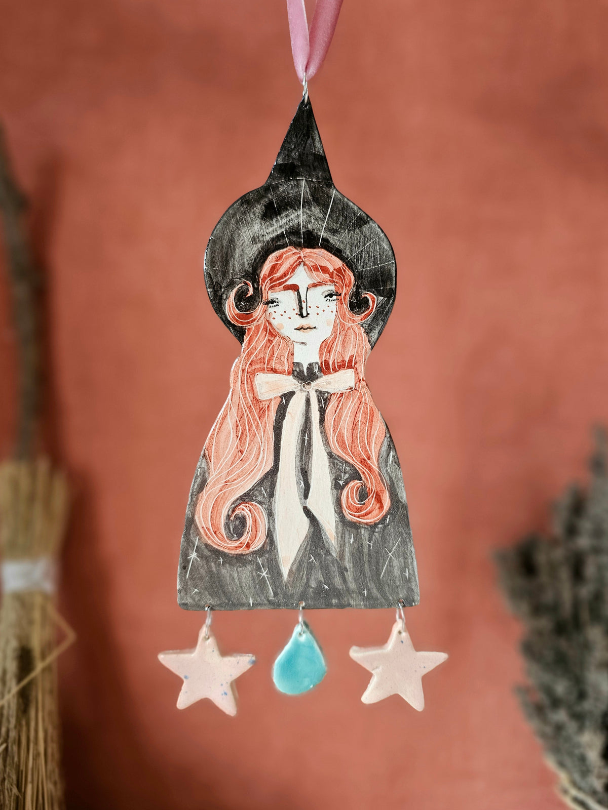 Clara the witch handmade ceramic hanging decoration