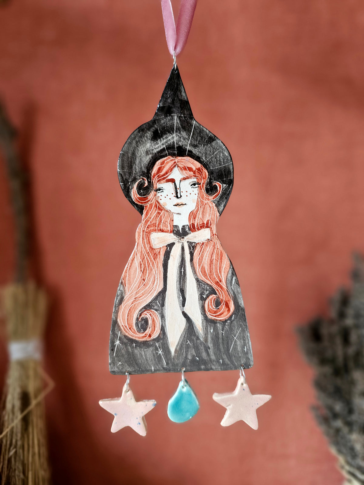 Clara the witch handmade ceramic hanging decoration