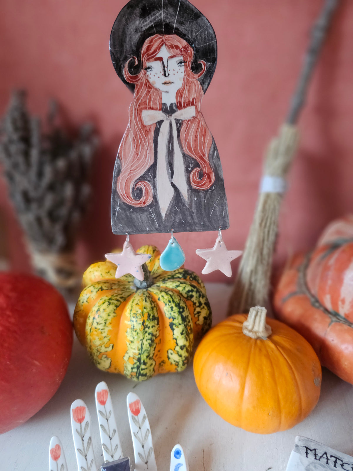 Clara the witch handmade ceramic hanging decoration