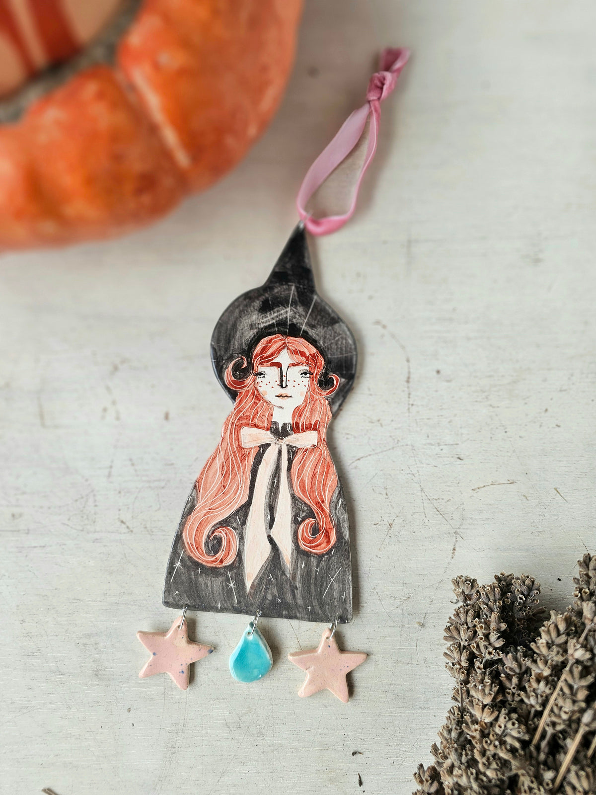 Clara the witch handmade ceramic hanging decoration