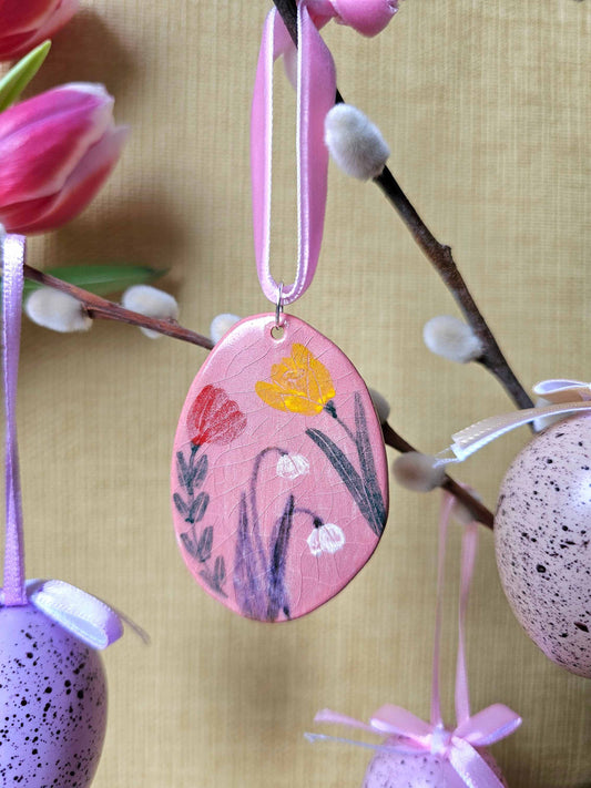 Easter egg handmade ceramic hanging Easter ornament pink crackle glaze