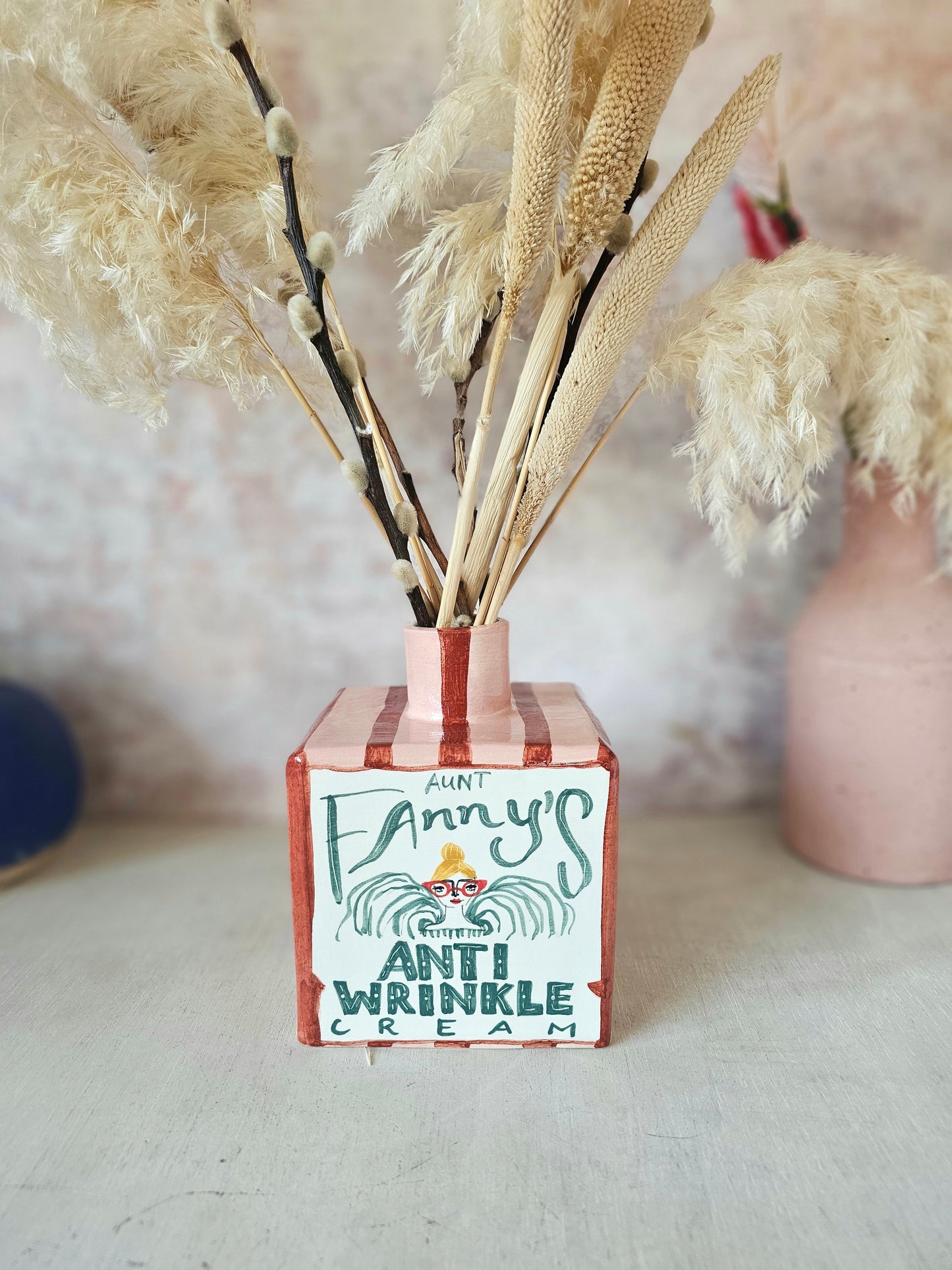 Aunt Fanny's Anti wrinkle cream large bottle Ceramic Vase thin stripe