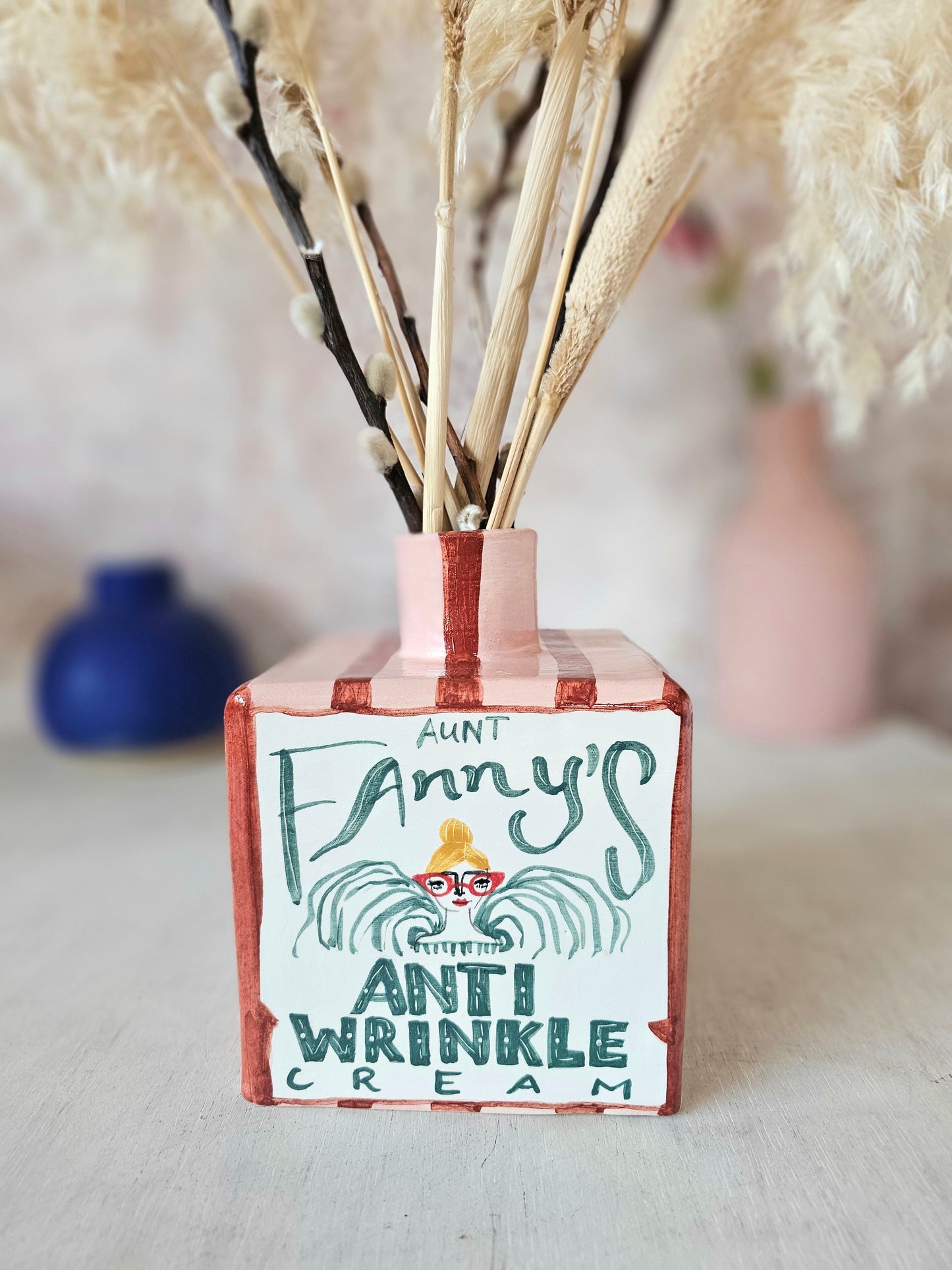 Aunt Fanny's Anti wrinkle cream large bottle Ceramic Vase thin stripe